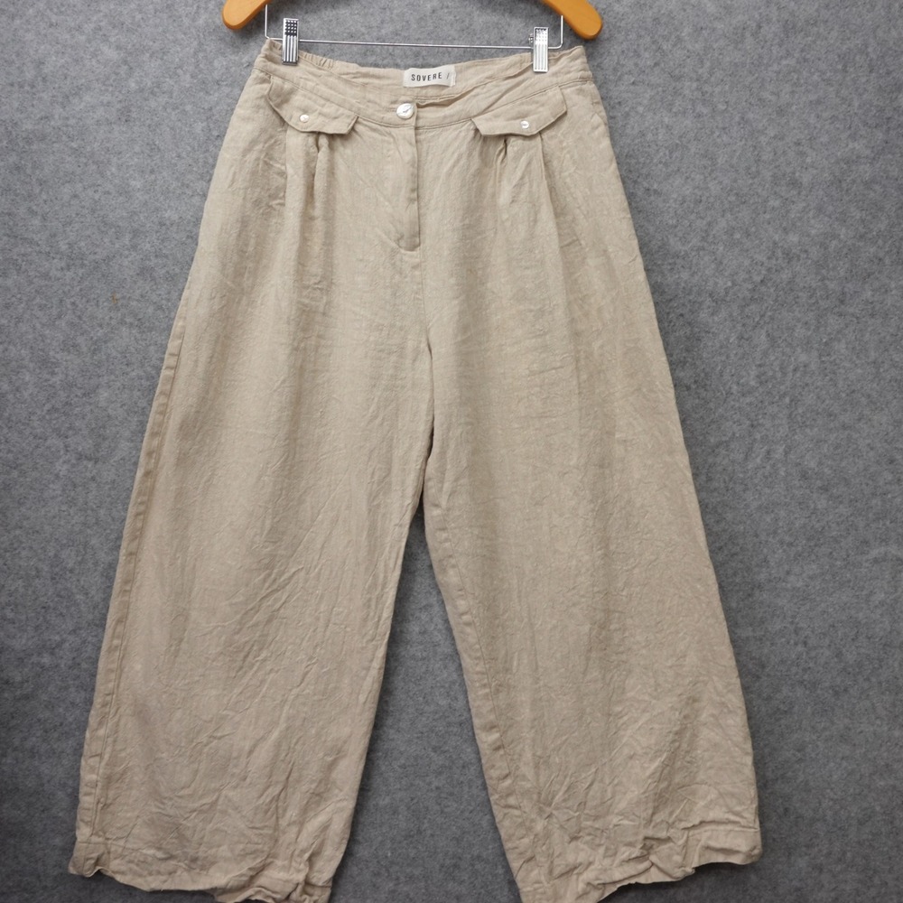 SOVERE Linen Pants Womens M Oat Wide Leg Pleated Lagenlook Flax Summer 30x30